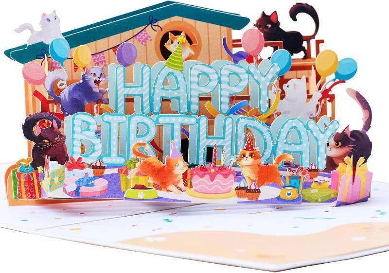 lot 68204 image: 3D Pop Up Card, Happy Birthday Cats Card for Kids, Girls, Boys, 5x7 inches, 3D Funny Greeting Cards, Gifts for Children, Toddler, Son, Grandson, with Envelope and Note Tag