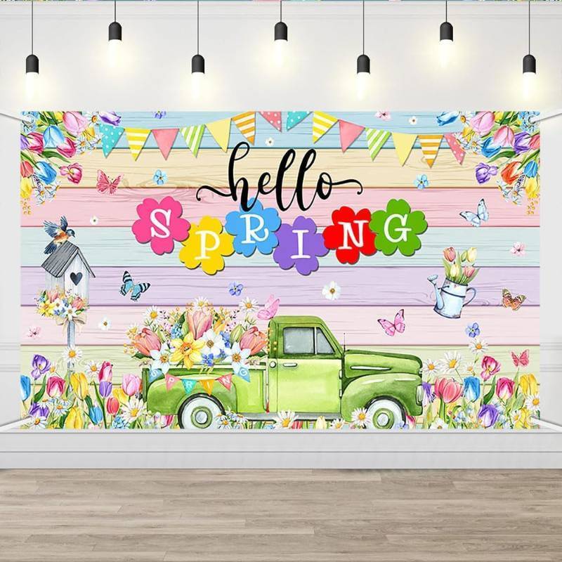 lot 68232 image: 6x3.6ft AIBIIN Hello Spring Backdrop Colorful Floral Garden Truck Banner Colorful Spring Tulips Flowers Party Decorations Butterfly Pastel Wood Easter Holiday Party Photo Booth Props 70.8 x 43.3 inch