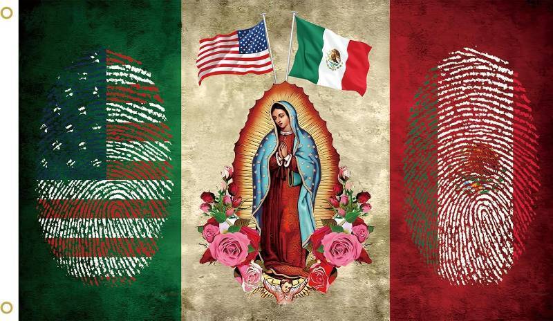 lot 68267 image: Mexican American Flag with Virgin of Guadalupe, Mexico USA Flag 3x5 Ft, Polyester, Indoor Outdoor Banner