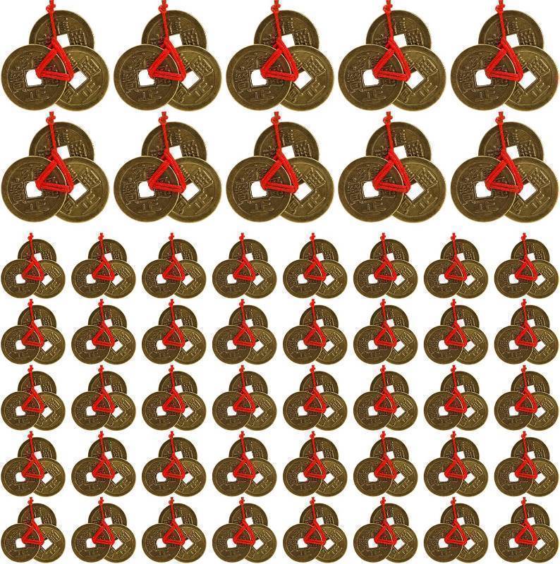 lot 64013 image: Peohud 150 Pieces Chinese Fortune Coins, 1 Inch Feng Shui Coins, Ancient Chinese Dynasty Coin with Red String for Chinese Lunar New Year Wealth, Good luck, and Success, 50 Sets Coins
