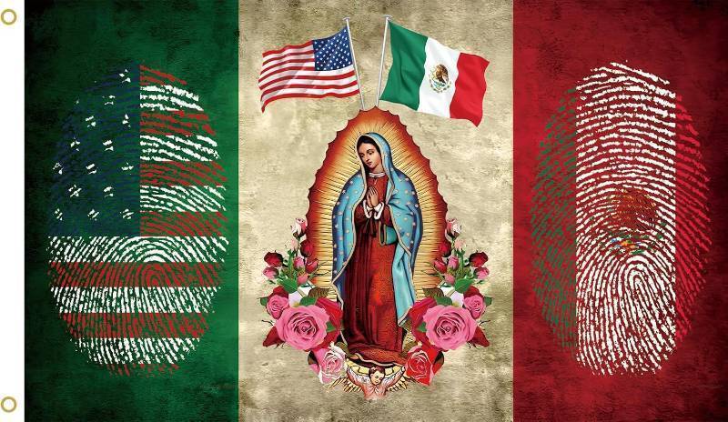 lot 66825 image: Mexican American Flag with Virgin of Guadalupe, Mexico USA Flag 3x5 Ft, Polyester, Indoor Outdoor Banner