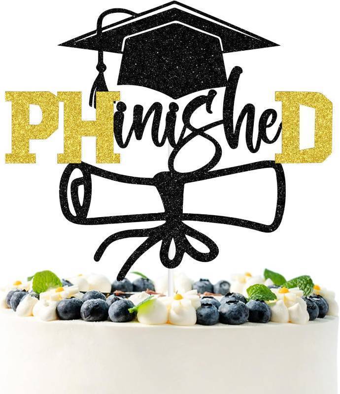 lot 67997 image: Black Glitter PHinisheD 2026 Cake Topper, Congrats PHD 2026Class of 2026, 2026 PHD Graduation Party Decorations Supplies