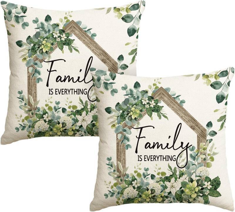 lot 68005 image: AVOIN colorlife Family is Everything Spring Floral Throw Pillow Covers, 18 x 18 Inch Eucalyptus Flowers Summer Cushion Case Decoration for Sofa Couch Living Room Bedroom Home Decor Set of 2