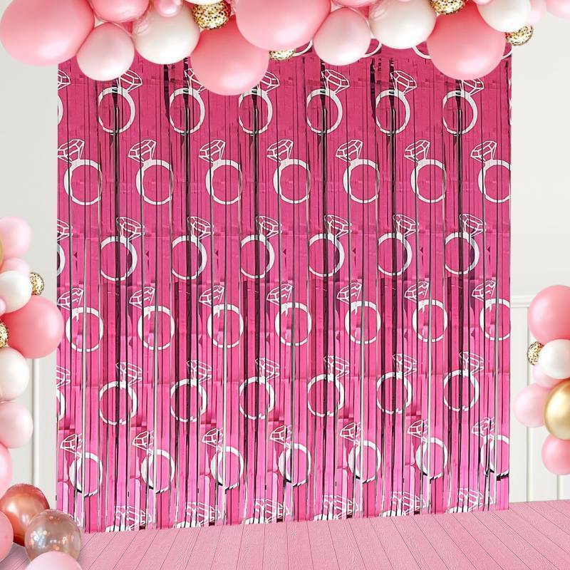lot 68106 image: Bachelorette Party Backdrops Decor, 4 Pcs Diamond Ring Foil Fringe Curtains Rose Gold Tinsel Streamers for Bride-to-Be, Engagement, Wedding Shower, Bridal Shower Party Decorations