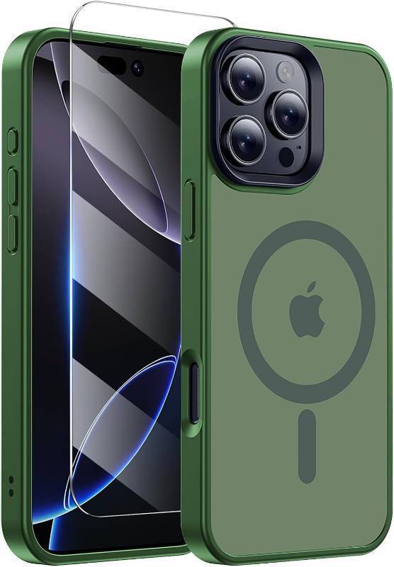 lot 68136 image: 2 in 1 for iPhone 16 Pro Max Case with MagSafe,with Screen Protector1,15FT Military Drop Protection Mighty Magnetic Matte Skin Feeling Phone Case for iPhone 16 Pro Max 6.9, Dark Green