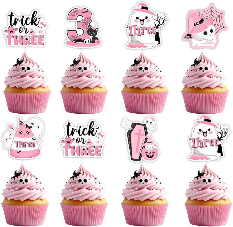 lot 69307 image: 24 Count (Pack of 1) Jollyboom Halloween 3rd Birthday Party Decorations Girl, 24pcs Trick or Three Cupcake Toppers Ghost Pumpkin Cat Double-Sided Decor for Pink Black Halloween 3 Year Old Birthday Par