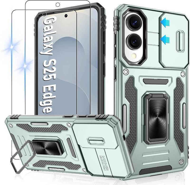 lot 68272 image: Gritup for Samsung Galaxy S25 Edge Case with Slide Camera Cover  2-Pack HD Screen Protectors  360  Rotating Metal Kickstand  MIL-Grade Shockproof Protection (Military Standard)  Alpine Green