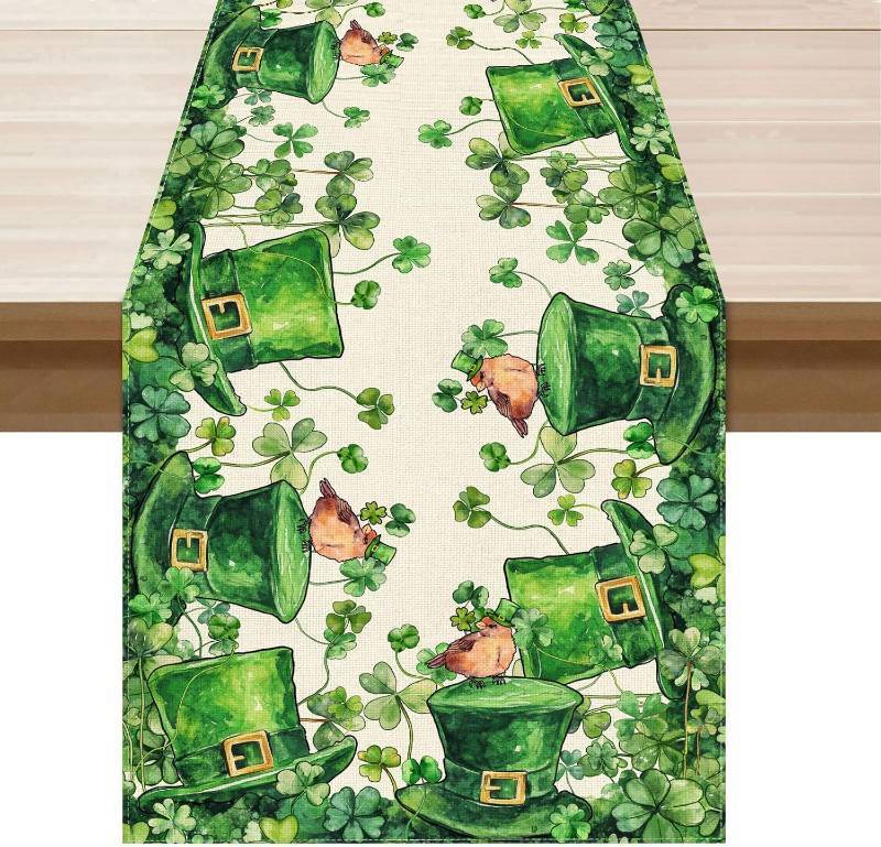 lot 68274 image: Table Runner 13x72 Inch XCHI Watercolor Green Hats Shamrocks Clovers Cardinals Birds St. Patricks Day Table Runner Table Decoration for Party Home Kitchen Dining Holiday Decor 13x72 Inch
