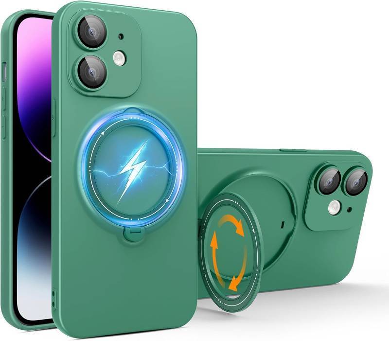 lot 68307 image: SKYLMW Rotatable Ring Stand Case for iPhone 12 Compatible with Magsafe Matte Luxury Soft Metallic Luster Design with Camera Lens Protector Slim Phone Case for Women Men,Green