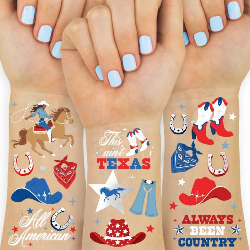 lot 68325 image: Small xo, Fetti American Cowgirl Temporary Tattoos - 54 Silver Foil Pcs  Birthday Accessory, Western Bachelorette USA Party Favor, 4th of July Activity