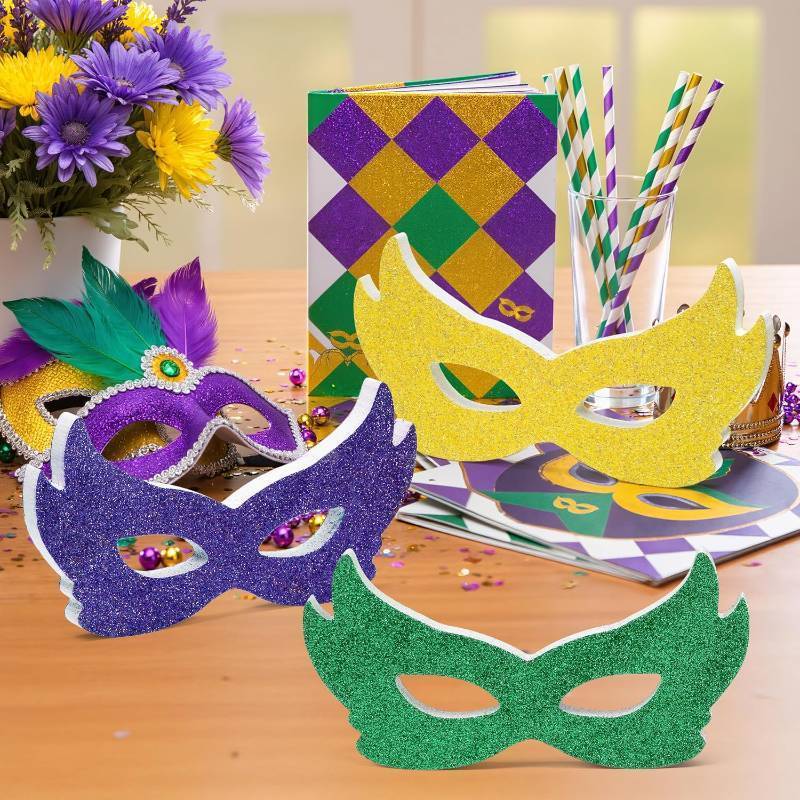 lot 68319 image: 11x12 inches Glitter Masks Wooden Table Decoration Signs - 3Pcs Wood Masks Carnival Tiered Tray Decorations, Glittery Table Centerpieces Decor for Mardi Gras Party Gift Home Shelf, Green Purple Yellow