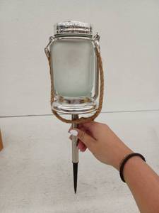 lot 12763 image: Solar Mason Jar Stake Light w Frosted Glass, Silver Finish & Rope Handle