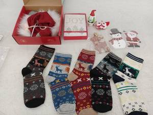 lot 12793 image: Christmas Lot 5 Pairs Reindeer Socks, Gnome Tree Topper, Joy Cards, Ornaments