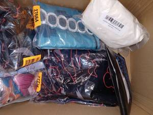 lot 12803 image: Mixed Lot of Bagged Shower Curtains and 5 Pc Furry Steering Wheel Cover Set Beige