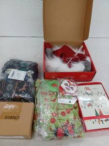 lot 12809 image: Christmas Lot Gnome Tree Topper, Holiday Socks, Ribbon, Greeting Cards