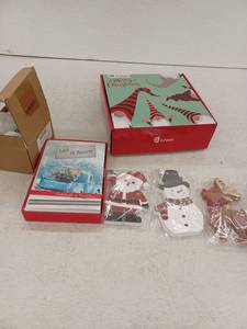 lot 12819 image: D-FantiX Christmas Lot Gnome Tree Topper, Wooden Figures, Cards & Socks