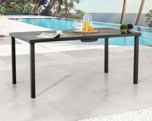 lot 12846 image: Rectangular Outdoor Dining Table with Black Metal Frame and Slatted Gray Top
