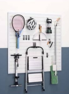 lot 13014 image: TRINITY 16 Sq Ft Modular Slatwall 13-Piece Accessory Set White TUP-0710