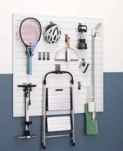 lot 13015 image: TRINITY 16 Sq Ft Modular Slatwall 13-Piece Accessory Set White TUP-0710