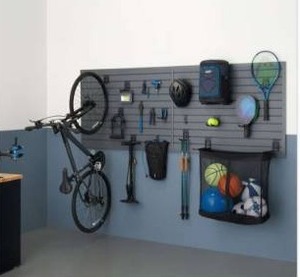 lot 13017 image: Trinity 24 Sq Ft Modular Slatwall 19-Piece Accessory Sports Set TUPXGR-0714
