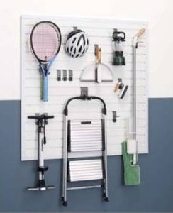 lot 13018 image: TRINITY 16 Sq Ft Modular Slatwall 13-Piece Accessory Set White TUP-0710