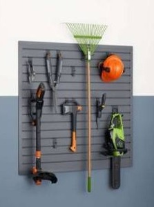 lot 13019 image: Trinity 16 Sq Ft Modular Slatwall 13-Piece Accessory Set Gray TUPXGR-0710