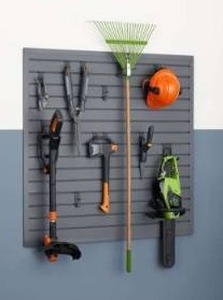 lot 13020 image: Trinity 16 Sq Ft Modular Slatwall 13-Piece Accessory Set Gray TUPXGR-0710