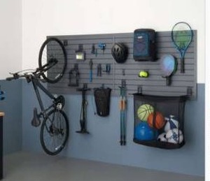 lot 13022 image: Trinity 24 Sq Ft Modular Slatwall 19-Piece Accessory Sports Set TUPXGR-0714