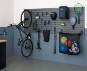 lot 13025 image: Trinity 24 Sq Ft Modular Slatwall 19-Piece Accessory Sports Set TUPXGR-0714