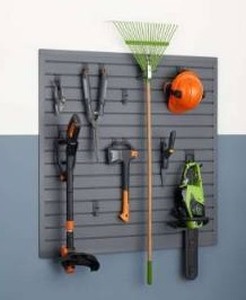 lot 13026 image: Trinity 16 Sq Ft Modular Slatwall 13-Piece Accessory Set Gray TUPXGR-0710