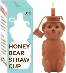 lot 2163 image: Mootikar Honey Bear Silicone Straw Cup, Babies Water Drinking Cup, 8-Ounce Therapy Sippy Bottles for Speech and Feeding Training, BPA Free & Dishwasher Safe (BROWN) - Retail $89
