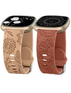 lot 2194 image: Minyee 2 Packs Floral Engraved Band Compatible with Fitbit Versa 4Versa 3Sense 2Sense Band Women, Cute Silicone Dandelion Sunflower Design Soft Sport Fancy Summer Strap for Versa 4 - Retail $10