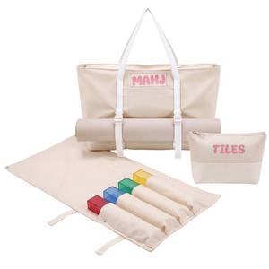 lot 2206 image: Klyyo Clyro Mahjong Tile Bags Set for Tiles Bag and Racks Canvas Tote Portable Mahjong Storage Protective Sleeve(Beige) - Retail $32