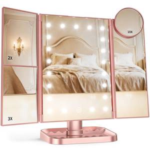 lot 2208 image: HUONUL 2X3X10X Magnifying Vanity Mirror with Light, Trifold Makeup Mirror - Retail $30