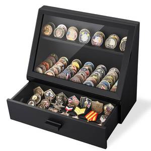 lot 2211 image: Yoimori Challenge Coin Display Case, Solid Wood Military Coin Holder Display Stand, Holds up to 100 Coins or Medals, Clear Acrylic Cover & Drawer for Collectors (Black) - Retail $41