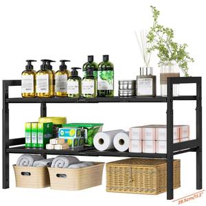lot 2212 image: Appears Pre Owned Under Sink Organizer and Storage 16.5-30.7 Expandable Length, Adjustable Height Max 16.7 Under Sink Shelf 2 Tier with Removable ABS Panels Metal Frame for Bathroom Kitchen Pantry Cabitnet Pot Pan - Retail $33