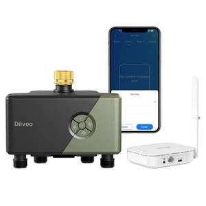 lot 2213 image: Diivoo WiFi Water Timer for Garden Hose, 4 Zone Smart Sprinkler Timer with Brass Inlet, Ethernet & 2.4GHz WiFi Connection, Compatible with AlexaGoogle, 24 Irrigation Plans & Rain Delay Mode for Lawns - Retail $1