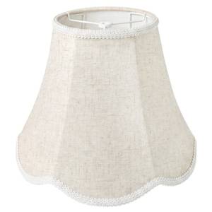 lot 2227 image: Beige Scalloped Lamp Shade - 1 Pack, 6.7 x 13 x 10 Bell Linen Lampshade with Petal Edge Braid, Medium Spider Fitter Replacement for Table Lamp, Living Room & Bedroom, Easy Assembly Required - Retail $4,343