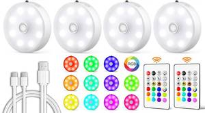 lot 2256 image: THREE PIECES Rechargeable Puck Lights with Remote 3Pack Under Cabinet Lighting Wireless - Retail $10