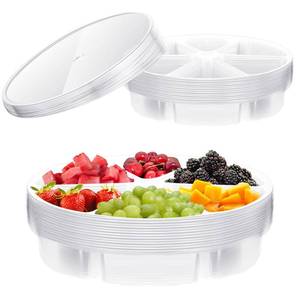 lot 2262 image: Baderke 10 Pack 10 Inches Round Plastic Serving Tray 6 Sectional Plastic Appetizer Tray with Lid Clear Food Platters Round Platter Container Veggie Fruit Organizer for Party and Buffet (Clear) - Retail $2