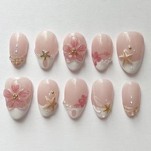 lot 2269 image: 30Pcs Summer Beach Short Almond Press On Nails Pink Floral Starfish French Tips Fake Nails with 3D Flower & Pearl Decor Cute Handmade Acrylic Nails Glossy Reusable False Nails for Women Vacation Nail - Retail $6