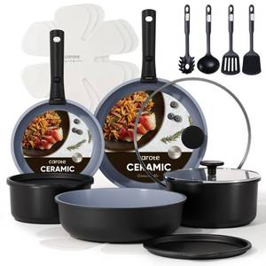 lot 2282 image: CAROTE 19pcs Ceramic Cookware Set Detachable Handle,Pots and Pans Non Stick - Retail $100
