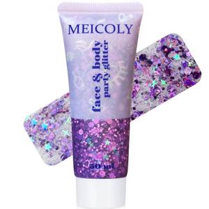 lot 2304 image: MEICOLY Purple Hair Glitter Kids Makeup,Holographic Halloween Game Day Spirit Day Face Glitter,Self-Adhesive Mermaid Sequins Face Body Glitter,Chunky Glitter for Festival Rave Accessories - Retail $8