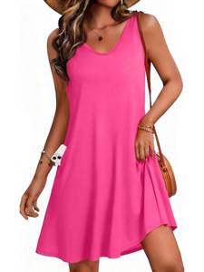 lot 2305 image: CHICGAL Womens Summer Dresses Casual Sleeveless Loose T Shirt V Neck Sundress Swing Beach Cover Up with Pockets (Solid Pink�� M) - Retail $14