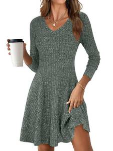 lot 2406 image: ANRABESS Womens Long Sleeve Fall Ribbed Knit Short Sweater Dress Green Small - Retail $25
