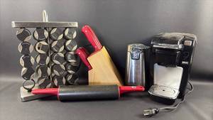 lot 11 image: Kitchen Appliance Lot Spice Rack, Knife Block, Coffee Maker, Kitchen Aid Non Stick Rolling Pin