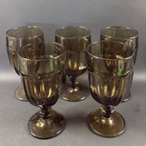 lot 32 image: Set of 5 Vintage Libbey Gibraltar Smoky Brown Glass Goblets with Pedestal Base