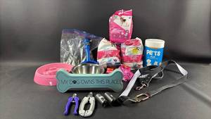 lot 36 image: Dog Supplies Lot Pet Care Accessories. Diapers XS, S, M Leash, Double Walker Bowl Clippers