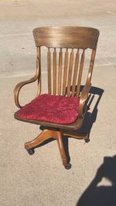 lot 53 image: Antique Solid Wood Swivel Office Chair Cast Iron Mechanism & Casters
