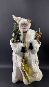 lot 60 image: Santa Claus Tree TopperStanding Decor White Fur Suit Gold Accents